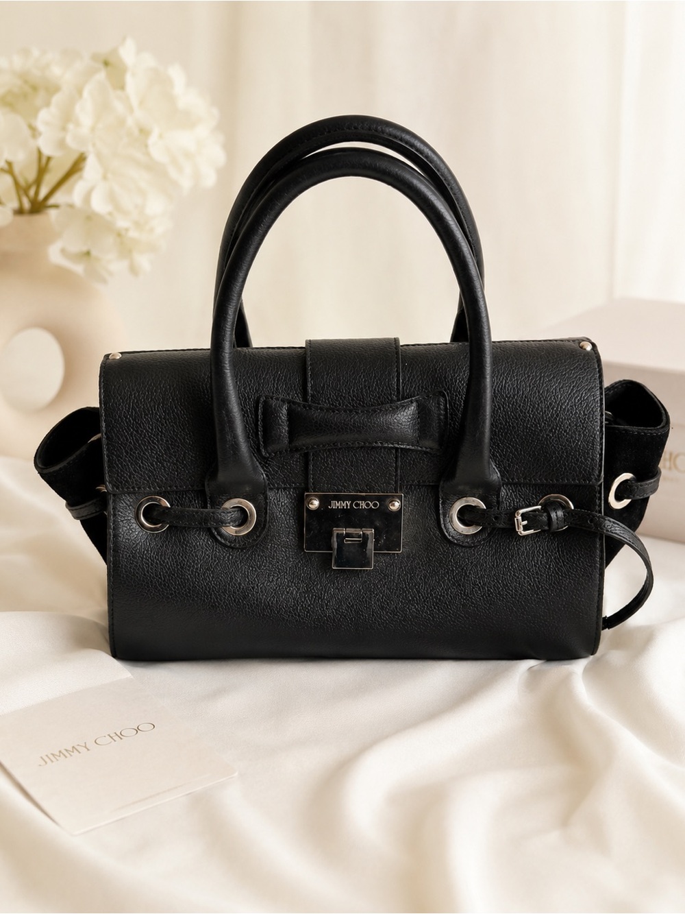 Jimmy Choo Black Leather Handbag 🖤✨ Luxury Designer Satchel w/ Strap & Dust Bag